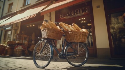 Basket of bread on a bicycle in front of the bakery shop in the old town. Cinematic shot photography.