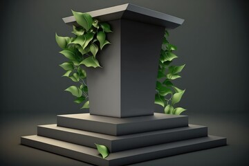 3d wooden podium platform background with green leaves generative ai