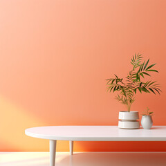 Minimalistic modern product presentation with bright pink/orange hue neutral colors and white table