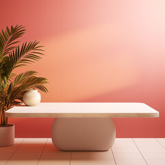 Minimalistic modern product presentation with bright pink/orange neutral colors and white table