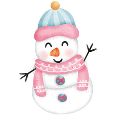 Single snowman with pink blue hat and pink scarf illustration