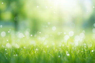 Obraz premium Fresh young green grass in sunlight with beautiful, blurred background. Natural background. Summer spring panorama banner. Generative AI.