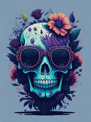 Fototapeta premium Detailed Illustration of a Skull with Flowers and Nature 6