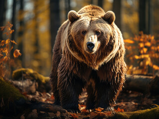 A huge bear in the autumn forest, growls.