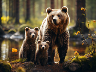 Brown bear with cubs in the wild. 