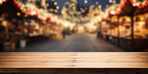 Panorama Mockup Holztisch mit einem Weihnachtsmarkt im Hintergrund. Unscharfe Bereiche als Platzhalter für Text und Grafik in romantischer Stimmung.  - obrazy, fototapety, plakaty