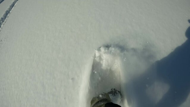 POV freerider snowboard nose flow virgin deep fresh powder snow while riding off trail in side country on ski resort Cool first person shot snowboarder touring Rocky Mountains on sunny winter powday