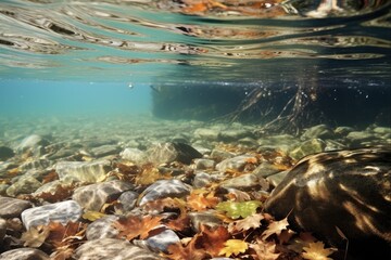 Fallen Leaves and Detritus at the Bottom of a Freshwater Lake - Underwater Sediment in Clear Water