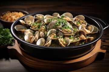 Garlic White Wine Clam Bake in an Asian Restaurant. Clams cooked in black pot with basil and meat sauce, served on a wooden tray with butter