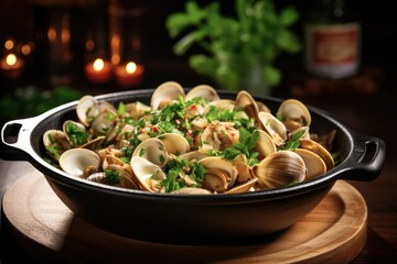 Garlic White Wine Clams in Black Pot on Wooden Tray. Delicious Asian Seafood Bake with Butter and Basil Sauce - Powered by Adobe