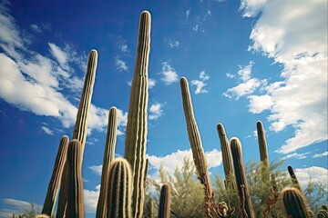 Organ Pipe Cactus in Arizona's National Landmark. A Natural Landscape with Blue Sky and Saguaro Cacti