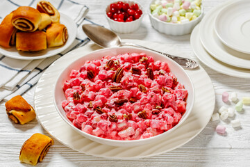 cranberry creamy salad with marshmallows, top view