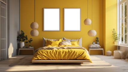 Picture fame mockup  in the interior of a bedroom on yellow wall, transparent wall art mock-up.