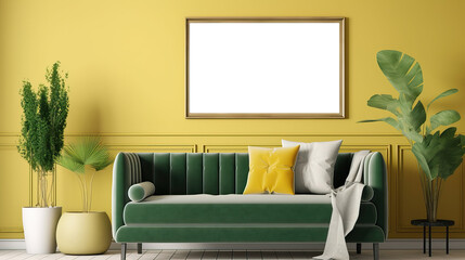 Picture fame mockup  in the interior of a modern living room on a yellow wall with a sofa and a plant in a vase, transparent wall art mock-up.