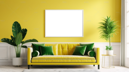 Picture fame mockup in the interior of a modern living room on a yellow wall with a sofa and a plant in a vase, transparent wall art mock-up