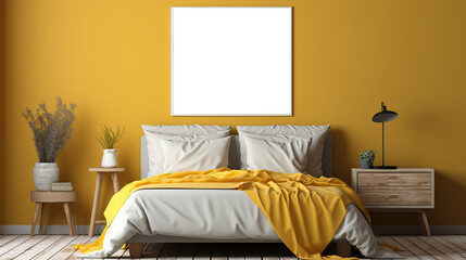 Picture fame mockup in the interior of a bedroom on yellow wall, transparent wall art mock-up.