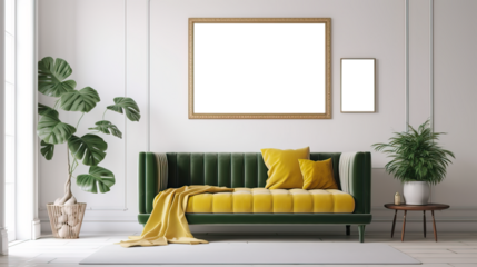 Picture fame mockup in the interior of a modern living room on a white wall with a sofa and a plant in a vase, transparent wall art mock-up.