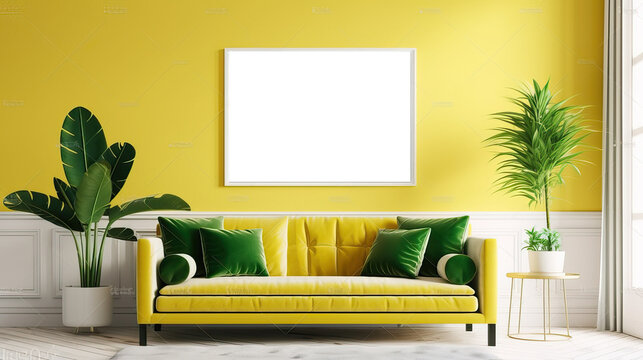 Canvas Frame Mock-up In The Interior Of A Modern Living Room On A Yellow Wall With A Sofa And A Plant In A Vase, Transparent Wall Art Mock-up