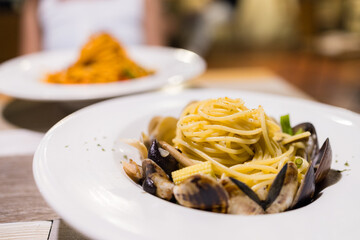 Fry pasta with clam basil