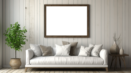 picture frame mock-up in the interior of a modern living room on a white wall with a sofa and a plant in a vase, transparent wall art mock up.