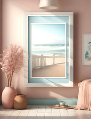 Mockup frame in Coastal interior background, room in light pastel colors, 3d render