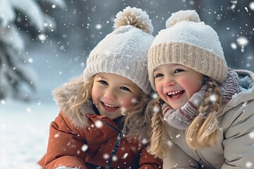 Two cute young girls wearing warm winter clothes standing in the snowfall