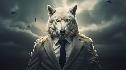 A wolf in sheep's clothing. Idiom. Cunning businessman. Dishonest businessman. Metaphor. Idiomatic expression. Proverb.   - obrazy, fototapety, plakaty