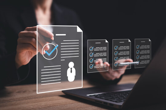 Human resource management and checklist document, Businesswomen select employees from online documents digital, Management and recruitment of Staff ,Business company performance of human system