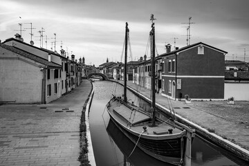 Cesenatico, Italy, travel perspective in black and white of this amazing fishermen establishment in Eastern Italy