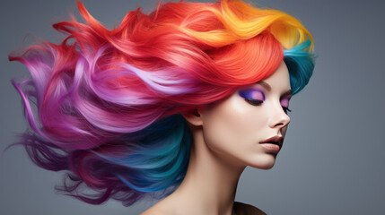 portrait of a woman with rainbow hair and makeup