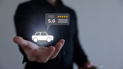 Car review reputation text online website or automobile testimonial feedback and customer rating internet web page flat cartoon, vehicle rental shop rank or test drive auto access modern design image.