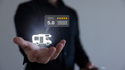 Camper review rating online on mobile web screen or automobile testimonial feedback page, customer reputation internet shop vector flat icon, vehicle rental shop rank or auto access template.