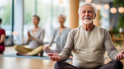 Seniors training calm exercises for elderly wellness, yoga fitness, health class and retirement self care in studio and nature. Healthcare and body workout for healthy lifestyle