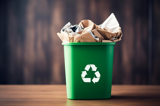 Green trash bin filled with waste paper ready for recycling isolated on wooden background with copy spcae. Waste paper illustration. Recycling paper, save the trees and environmental concern concept