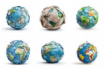 Waste paper 3d globe icon collection on white. Eco friendly banner with the globes made of waste paper showing the concept of recycling paper, giving paper the second life. Environmental concern - obrazy, fototapety, plakaty