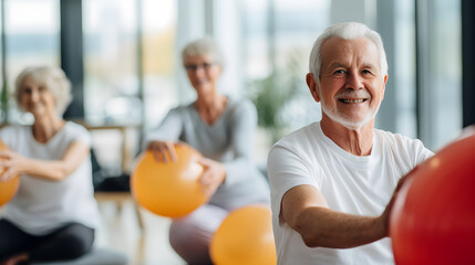 Fototapeta na wymiar Seniors training calm exercises for elderly wellness, yoga fitness, health class and retirement self care in studio and nature. Healthcare and body workout for healthy lifestyle