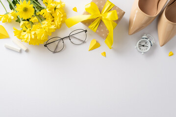 Make Teacher's Day special. Top view photo showcases chalk, glasses, shoes, chrysanthemum bouquet...
