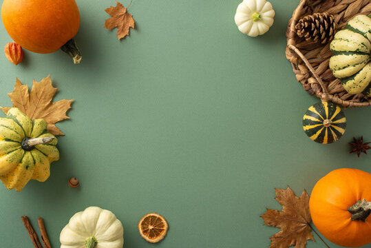 Immerse yourself in the beauty of the fall harvest season. Top-down image featuring mature pumpkins and classic autumnal elements on a green isolated background, suitable for messages or promotions