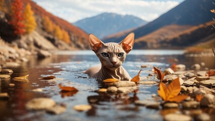 A sphinx cat in the lake