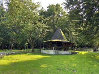 A wooden brown gazebo in the shape of a hat with a roof overgrown with green moss on a hill in the...