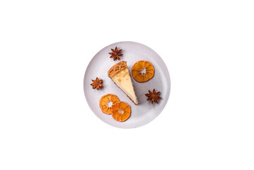 Delicious sweet cheesecake cake on textured concrete background