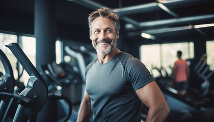 Happy middle-aged man in the gym. Lifestyle portrait - obrazy, fototapety, plakaty