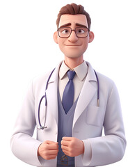Fototapeta premium Doctor in White Coat and Tie Conducting Research. 3D render. Cartoon character doctor transparent background cutout. PNG file. Many different types of medical clipart isolated.