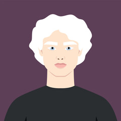 Albino man with curled hair portrait. Avatar of a young man with albinism. Genetic rare appearance. Vector illustration