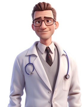 Man Doctor in Glasses and Tie Consulting with Patient.
3D render. Cartoon character doctor transparent background cutout. PNG file. Many different types of medical clipart isolated.