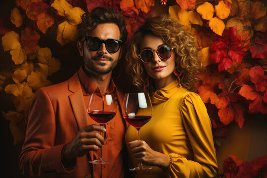 Man and woman in yellow dress  with a glass of red wine