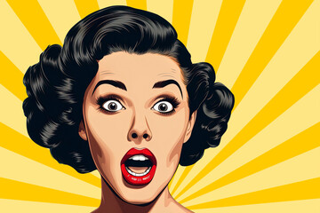 Wow effect, beautiful surprised young woman with open mouth, retro pop art style surprised and excited comics woman with open mouth, surprised woman on Pop art background,. - 642135754
