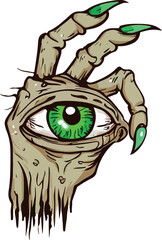 Zombie hand and eye monster eye tattoo, sketch, tshirt print. Vectorhand and monster eyeball and spiky skin. Sketch of creature pupil. Mythical animal eye for tshirt, sticker vs