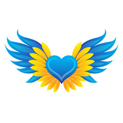 Decorative icon with heart and wings in blue and yellow color of the flag of Ukraine on a white background. Vector clipart. Symbol of freedom and independence.