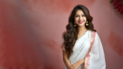 Indian girl in sari or saree traditional cloth, Smiling woman, long hair - obrazy, fototapety, plakaty